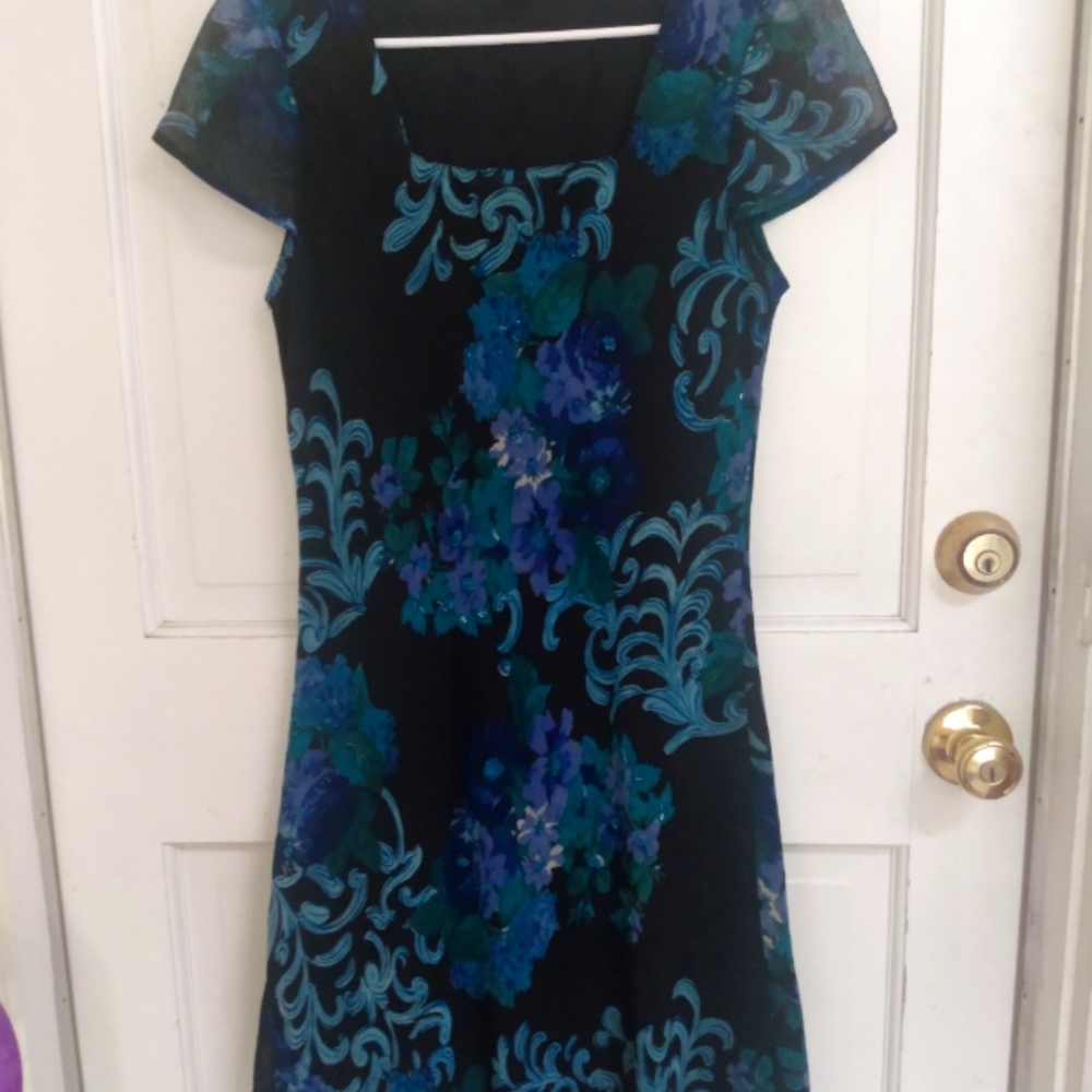American Angel maxi dress large black blue flowers & green leave knee length
